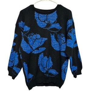 Vintage 80’s/90’s Black and Blue Floral Women's Knit Sweater Medium